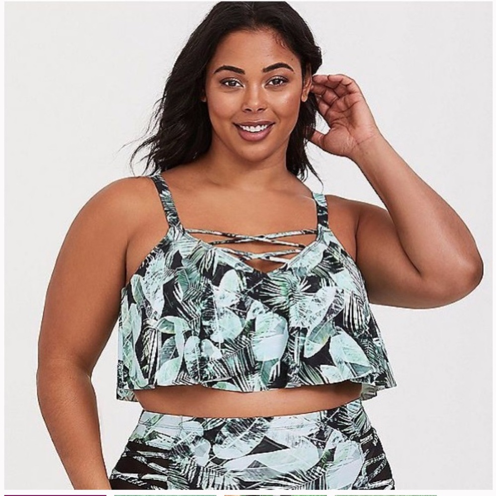 torrid Black and Mint Leaf Print Flounce Bikini Top